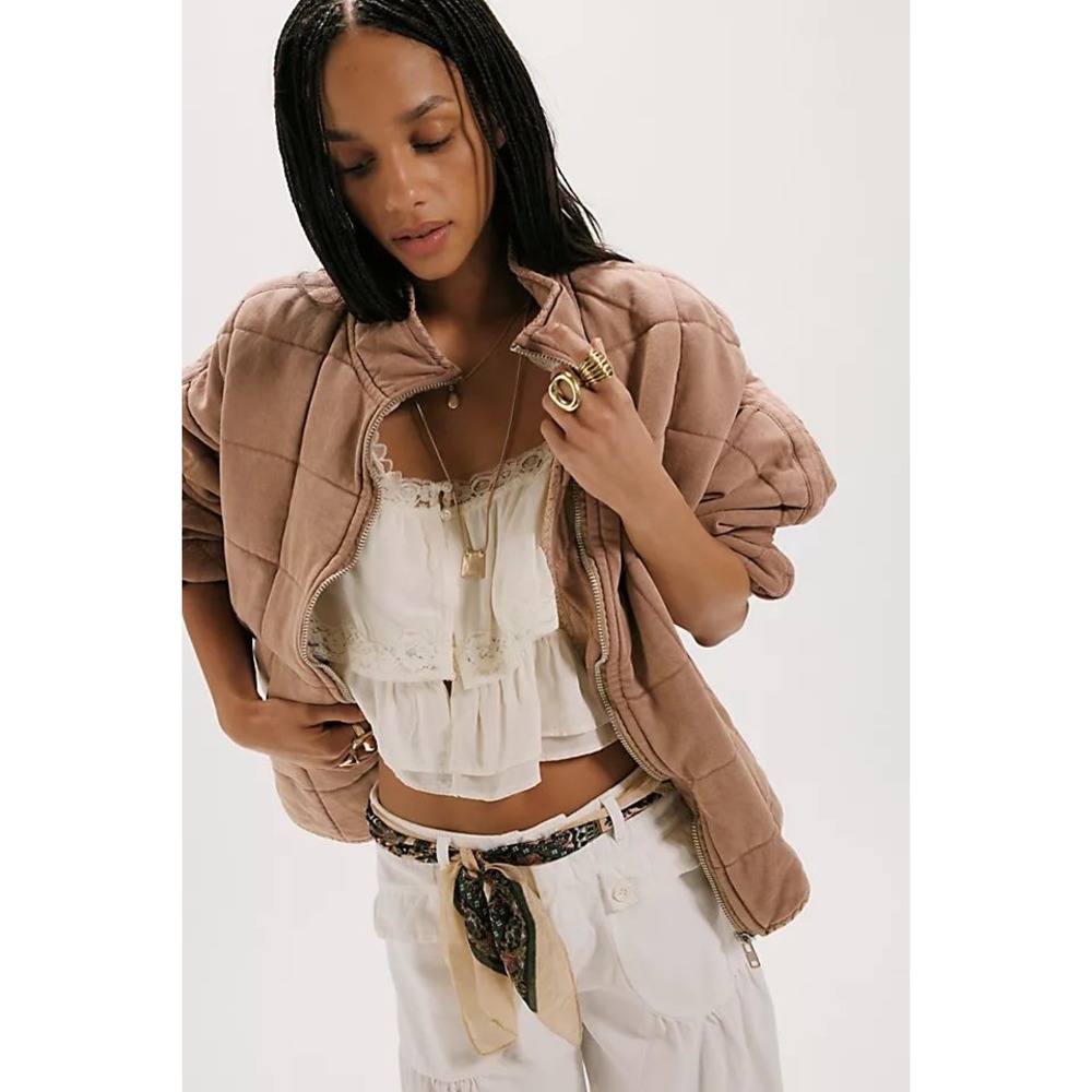 Free People Dolman Quilted Jacket Mauve Brown Oversized Zip Up Bomber